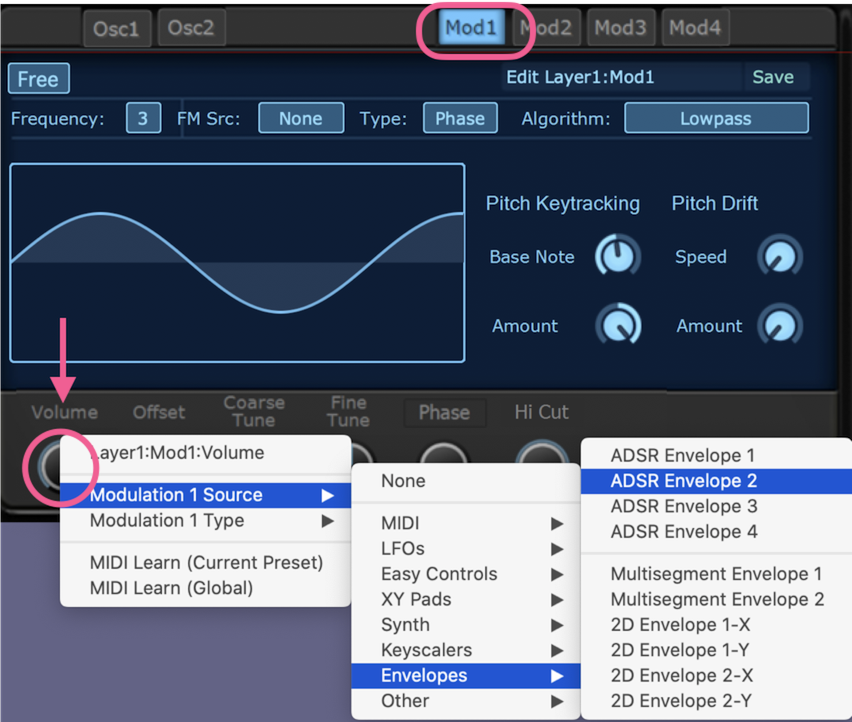 ADSR2にモジュレーションをアサイン