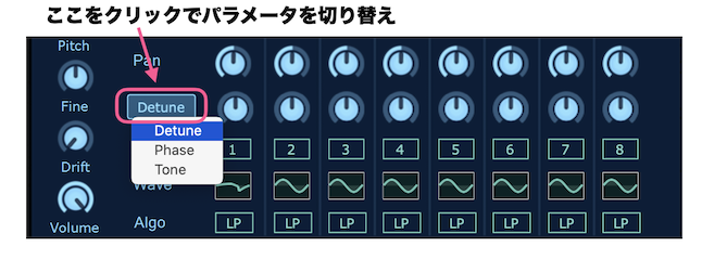 Additiveオシレーターのアルゴリズム用のパラメーター切り替え