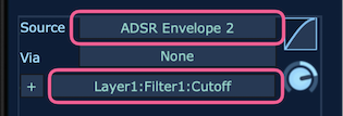 ADSR Envelope 2がFilter 1: Cutoffに接続されている