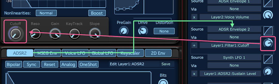 ADSR1とフィルターのルーティング