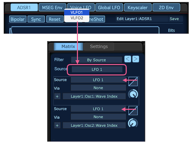 モジュレーションマトリクスのフィルターにLFO1を選択
