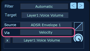 「ADSR Envelope 1」の「Via」に「Velocity」がアサインされた