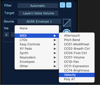 「ADSR Envelope 1」の「Via」に「Velocity」をアサイン