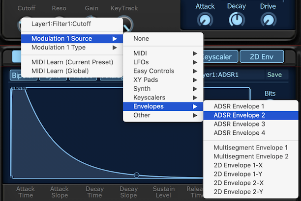 フィルターモジュールの「Cutoff」に「ADSR2」をアサイン