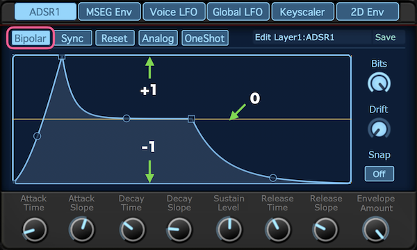 SynthMasterのエンベロープジェネレーターはバイポーラー に設定できる