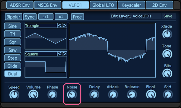 LFOのDualモードでもノイズをミックスできる