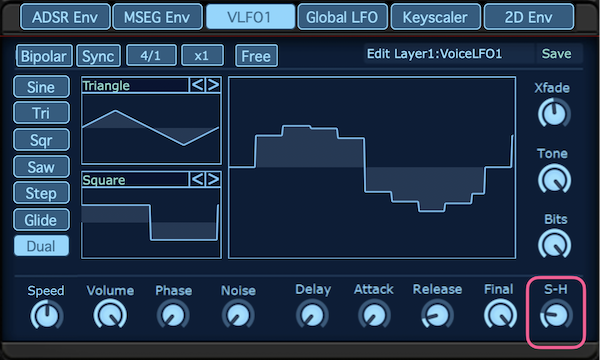 LFOのDualモードではサンプル＆ホールドも使える