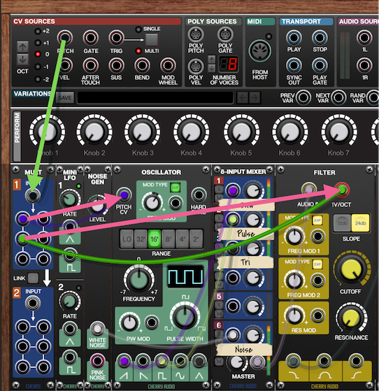 CVをオシレーターとフィルターに接続する