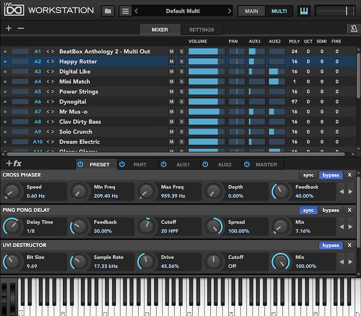 「UVI Workstation」のマルチティンバー画面