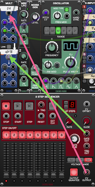 8ステップシーケンサーのCV/GATE信号をマルチプルモジュールに接続する
