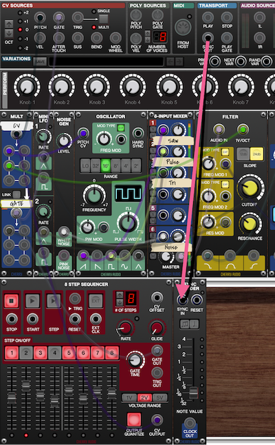 TRANSPORTセクションのSYNC OUTをSYNC DIVIDERのSYNC INに接続する