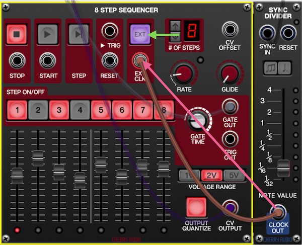 SYNC DIVIDERのCLOCK OUTを8ステップシーケンサーのEXT CLKに接続する