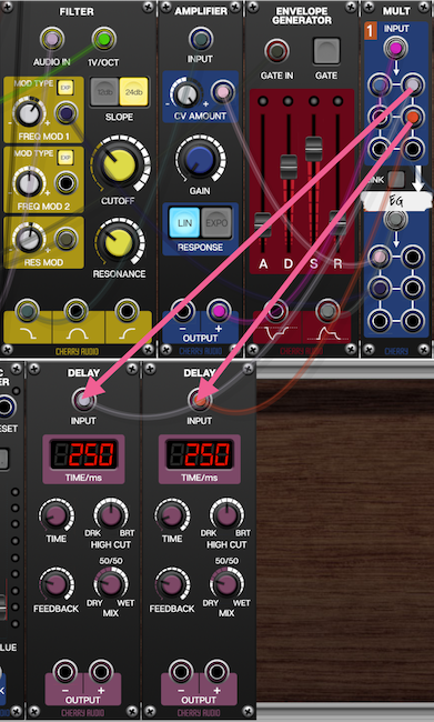 マルチプルモジュールからの音声出力をディレイモジュールに入力する