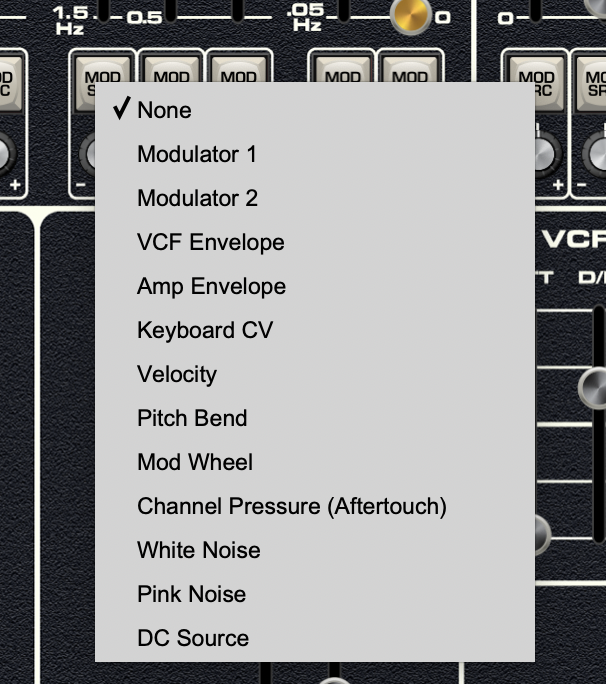 Polymodeのモジュレーションソースの選択メニュー